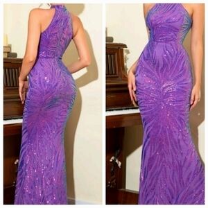 PURPLE PARTY, HALTER, CONTRAST SEQUINED MERMAID GOWN